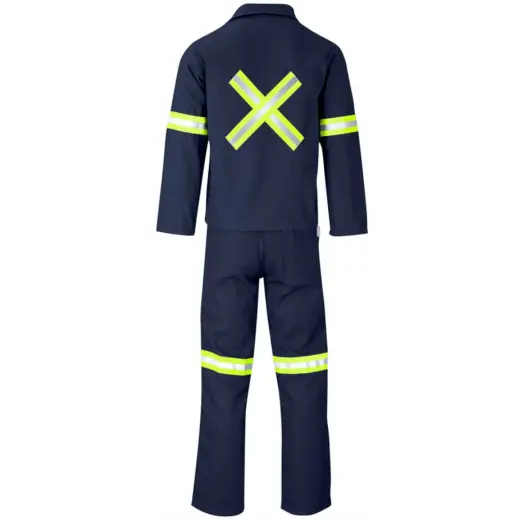 Technician 100 Cotton Conti Suit - Reflective Arms, Legs, Back - Yellow Tape Navy Back